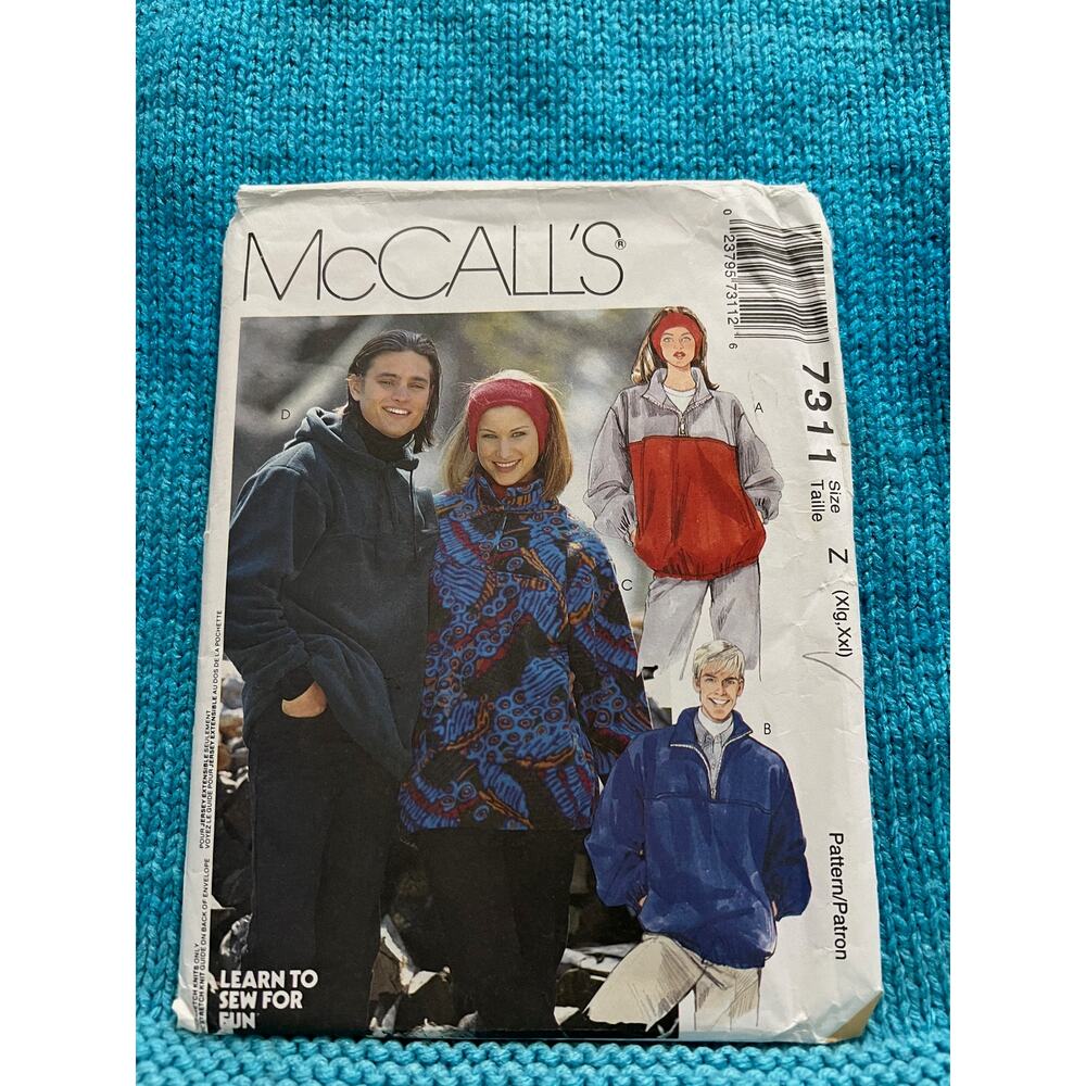 McCalls 7311 Sewing pattern pullover quarter zip 1980s size XL XXL